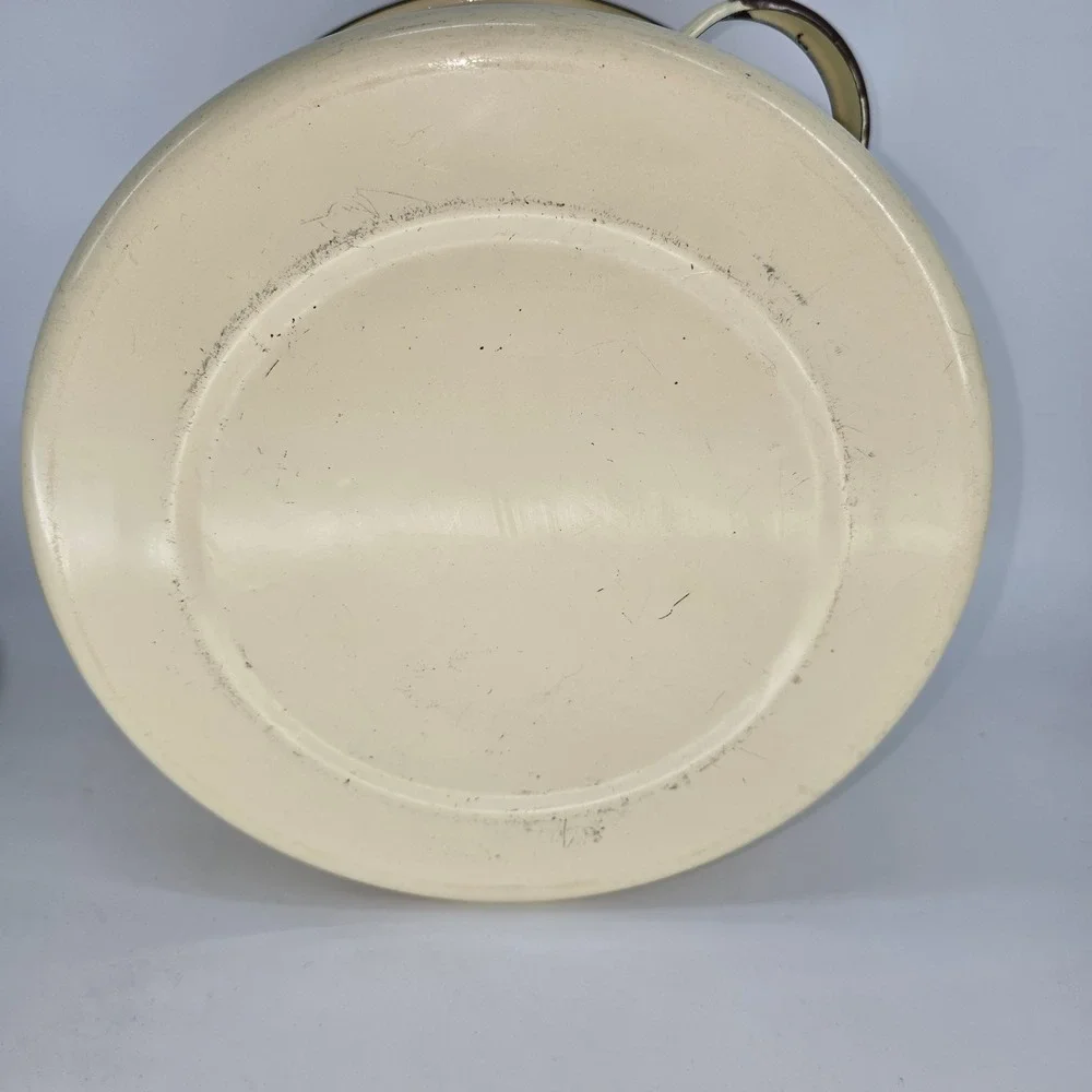Vintage Enamelware Stock Pot Cream Brown Enamel Large Soup Pot with Lid 10.5in